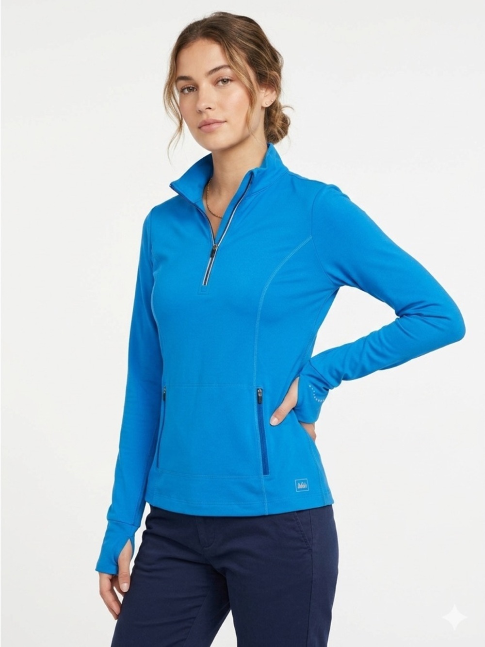 REI Quarter Zip Pullover Thumbholes Zip Pockets Poly Blue Medium